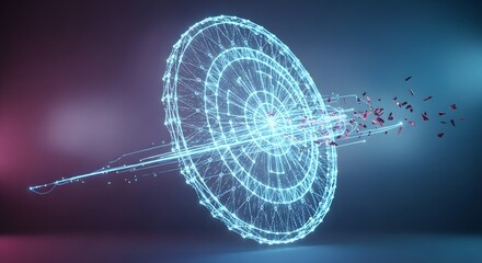 Futuristic blue energy shield shattering from a powerful impact.