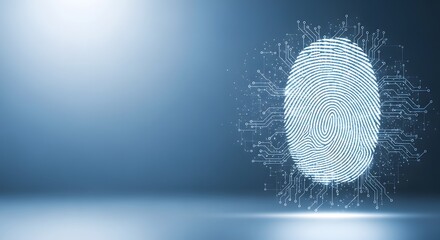 Futuristic biometric security concept with glowing digital fingerprint scan.