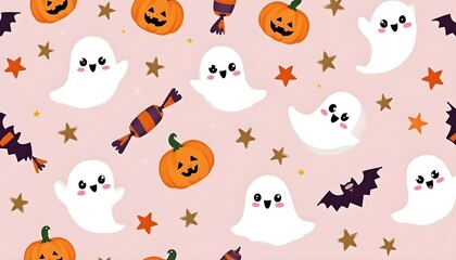 Fototapeta premium Cute Halloween seamless pattern with kawaii ghosts, candies, stars, and pumpkins, pastel color palette.