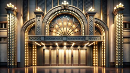 Obraz premium Grand Entrance to a Gilded Age Venue with Illuminated Columns and Architectural Details
