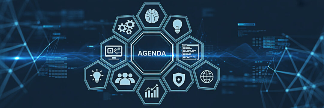 Digital agenda interface displaying business strategy and planning on a modern blue background - Powered by Adobe