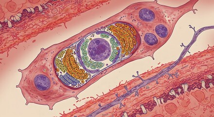 Illustration of biological cell structure with nucleus and organelles