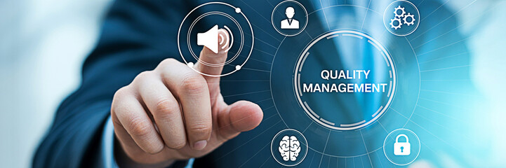 Man touching a digital screen displaying quality management icons and text in a modern interface