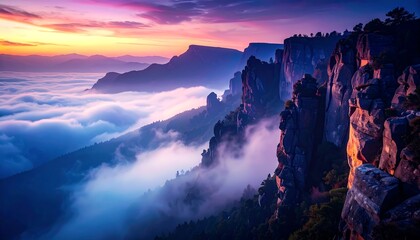 Dramatic mountain range rising above a sea of clouds at sunrise