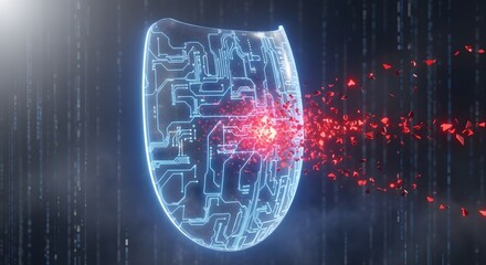 Futuristic cybersecurity shield defending against a digital virus attack with glowing circuit patterns and matrix background.