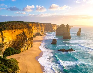Panoramic coastal view of dramatic sandstone cliffs and ocean at sunrise