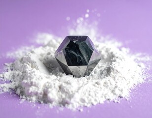 Polished dark gemstone nestled in fine white powder