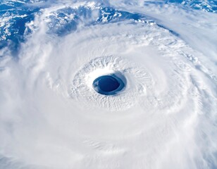 Swirling hurricane eye, white clouds, aerial view