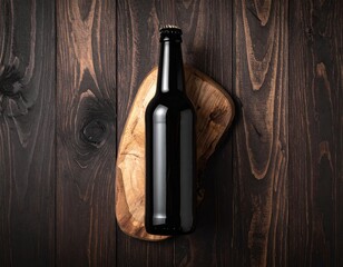 Dark bottle sits atop wooden plank over wood surface