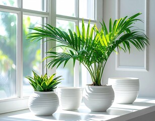 Potted plants on a windowsill, bright sunlight shines through