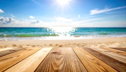 Fototapeta premium Serene Beach View from Wooden Deck - A Tropical Paradise Escape.
