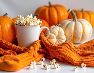 Cozy fall scene popcorn mug, pumpkins, orange scarf