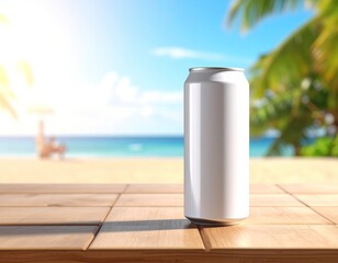 White can sits on wood, beach background