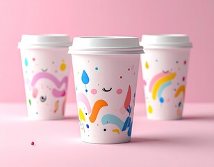 Trio of cups, colorful drips, cute faces, pink backdrop