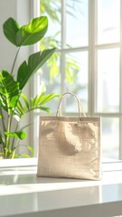 Burlap bag on a table, light-filled room, plants backdrop
