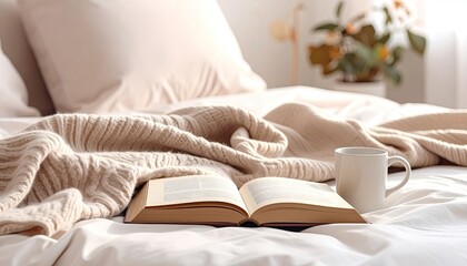 Cozy bed scene with book, mug, and soft blanket in muted tones