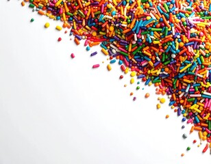 Colorful sprinkles cascade over a white surface.