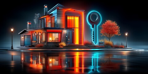 Modern House with Neon Key &mdash; Real Estate Night Scene 3D Render