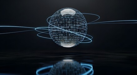 Futuristic digital sphere with glowing light trails and binary code.