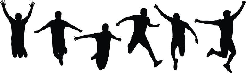 Set of six jumping silhouette figures in mid-air poses expressing joy, freedom, and celebration for design and artistic use