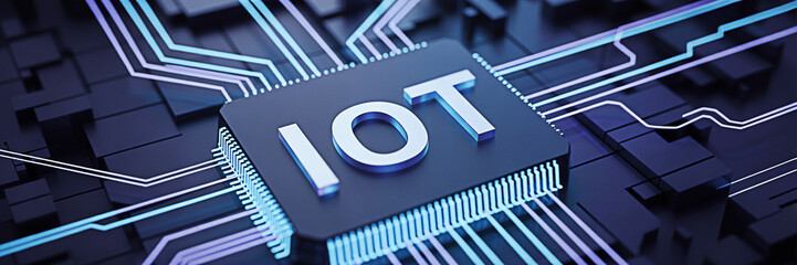 Iot concept on a microchip with glowing blue circuits representing internet of things technology