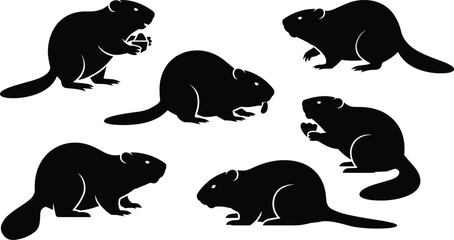 Beaver silhouette illustration, animal vector, wildlife pose, flat tail, rodent clipart, nature icon, forest creature, black graphic art