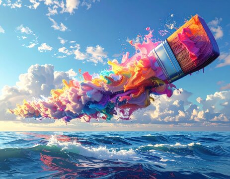 Huge brush spills rainbow paint across ocean & cloudy sky