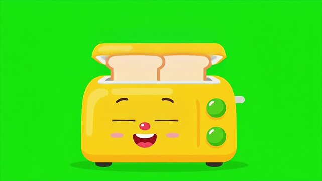 Funny cartoon toaster with bread slices and a green background.