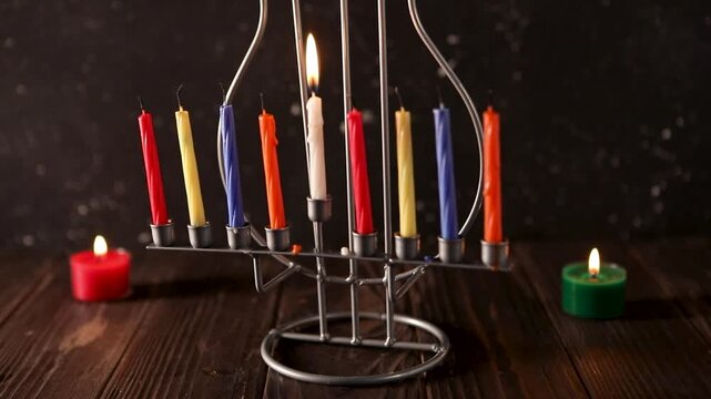 A close-up of a hand lighting colorful candles on a Hanukkah menorah using a shamash candle. Traditional Jewish celebration. 4k Video footage.