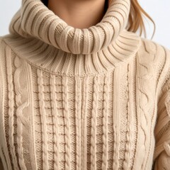 Close-up of a cream-colored cable knit turtleneck sweater