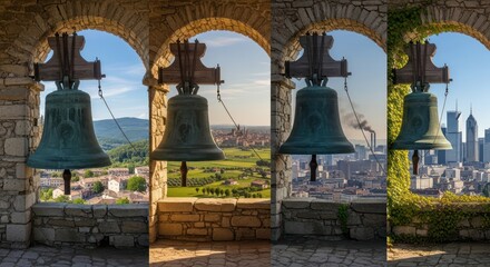 Fototapeta premium Four bells framing landscapes from serene village to urban sprawl a time-lapse tableau