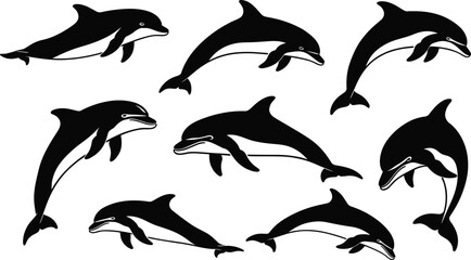 Black dolphin silhouette illustration, jumping dolphin vector artwork, ocean marine animal design, dolphin collection outline, aquatic wildlife drawing, sea mammal illustration © Its Morsed here