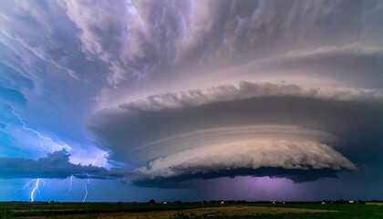 Dramatic storm clouds, lightning, and a large, swirling supercell