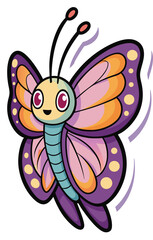 cartoon butterfly sticker vector on transparent.
