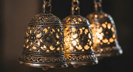Intricate metal bells adorned with floral patterns casting soft light illuminating surrounding space