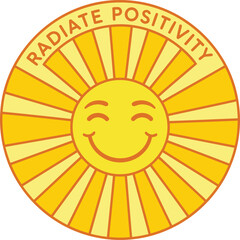 A cheerful cartoon sun with a smiling face and radiating rays, with the words 
