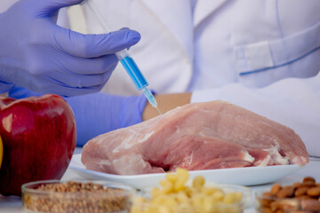 Laboratory research meat analysis. Selective focus