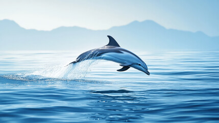 Fototapeta premium Dolphin Leaping out of the Ocean near a Mountainous Coastline