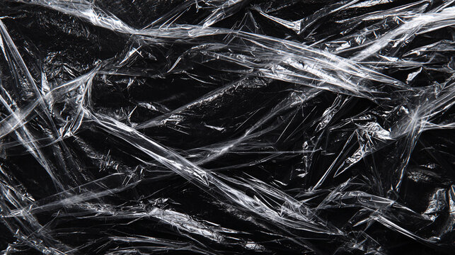 A close up view of crumpled clear plastic film over a black surface creating an abstract textured background