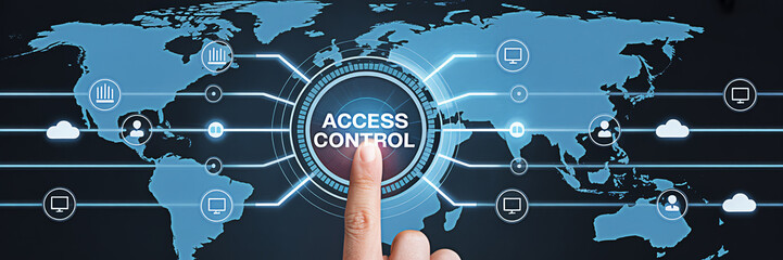 Finger touching access control button on a digital world map interface for cybersecurity concept