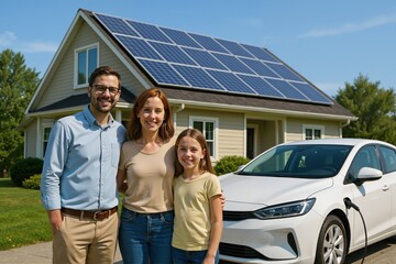 Happy family with an electric car and a solar panel home. Sustainable lifestyle concept.
