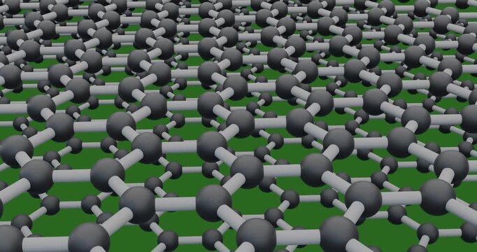 Animation of graphite atomic lattice showing hexagonal carbon structure in layers, on a green background.