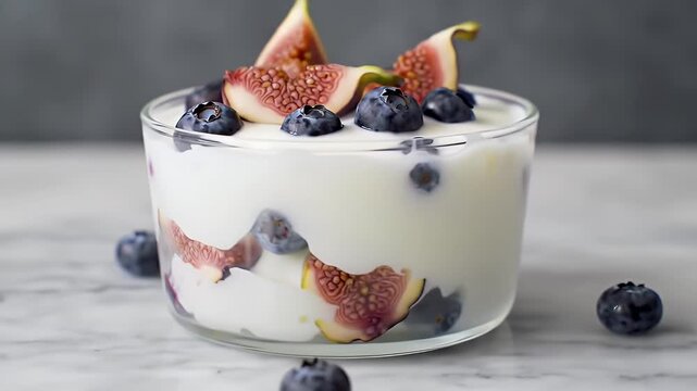 Close Up of Yogurt Parfait with Figs and Blueberries on Marble Surface