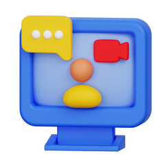 Blue Framed Computer Monitor Displaying a Digital Avatar with Yellow Speech Bubble and Red Camera Icon on Transparent Background