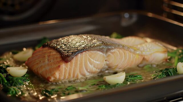 Close View of Salmon Fillet Being Baked with Garlic and Green Vegetables on Tray