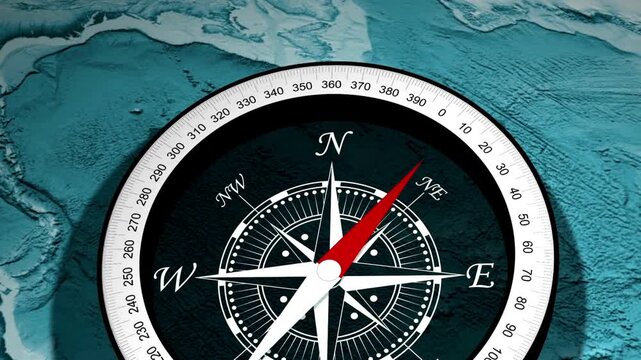 Close-up of navigational compass on blue background. nautical navigation tools. Compass, map, direction. black compass with nautical background. animation Modern Minimalist Compass Background.