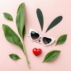 Minimalist Green Leaves Bunny Ears White Cat Eye Glasses And Glossy Red Heart On Pink