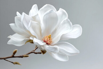 Fototapeta premium An elegant white magnolia blossom in full bloom on a branch against a simple gray background