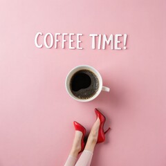 Minimalist Pink Background White Paper Coffee Cup With Doll Legs And Red High Heels Flat Lay