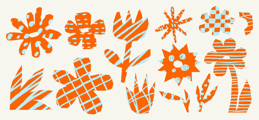 Irregular flower scrapbook element set with crayon pencil texture, doodles and scribbles. Naive floral paper cutouts in bright orange and blue tones for collages.